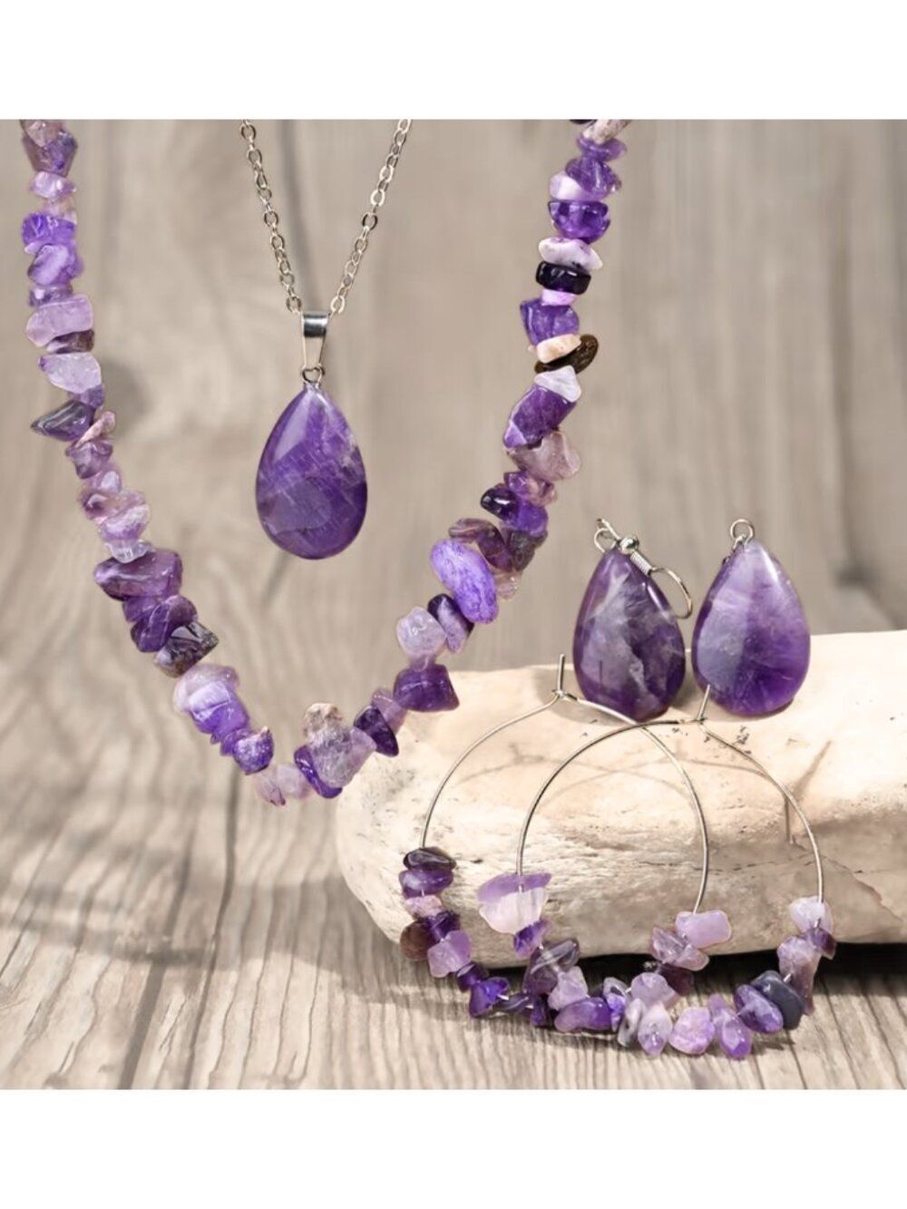 NWTโWhite Gold Plated Amethyst Crystal Jewelry Set Boho Layered Necklace Earring